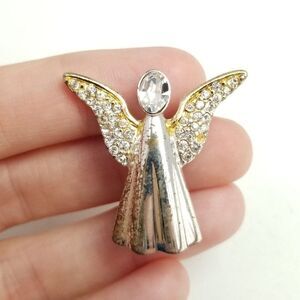 Vintage Monet Angel Brooch, Silver Tone, Rhinestone Guardian with Wings